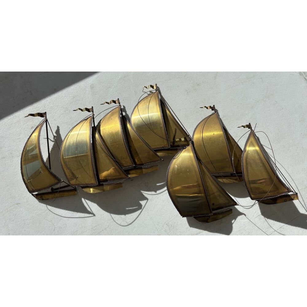 Vintage MCM DEMOTT Brass Sailboats Metal Wall Hanging Art Sculpture Signed